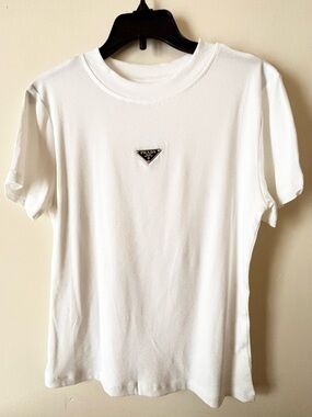White Short Sleeve Crewneck Tee with Metal Triangle Logo one size